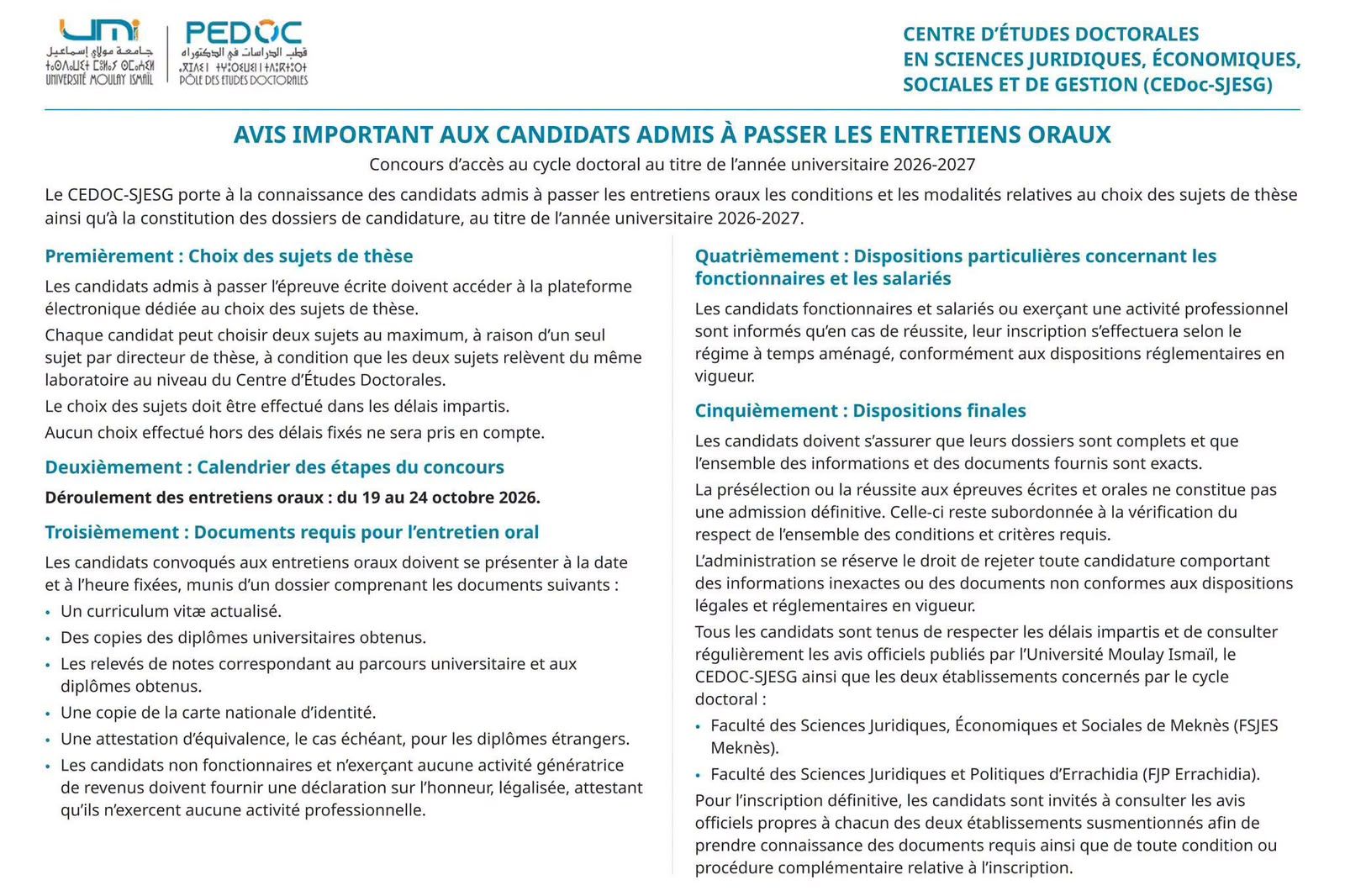 Cycle doctoral : Avis important aux candidats admis à passer les entretiens oraux