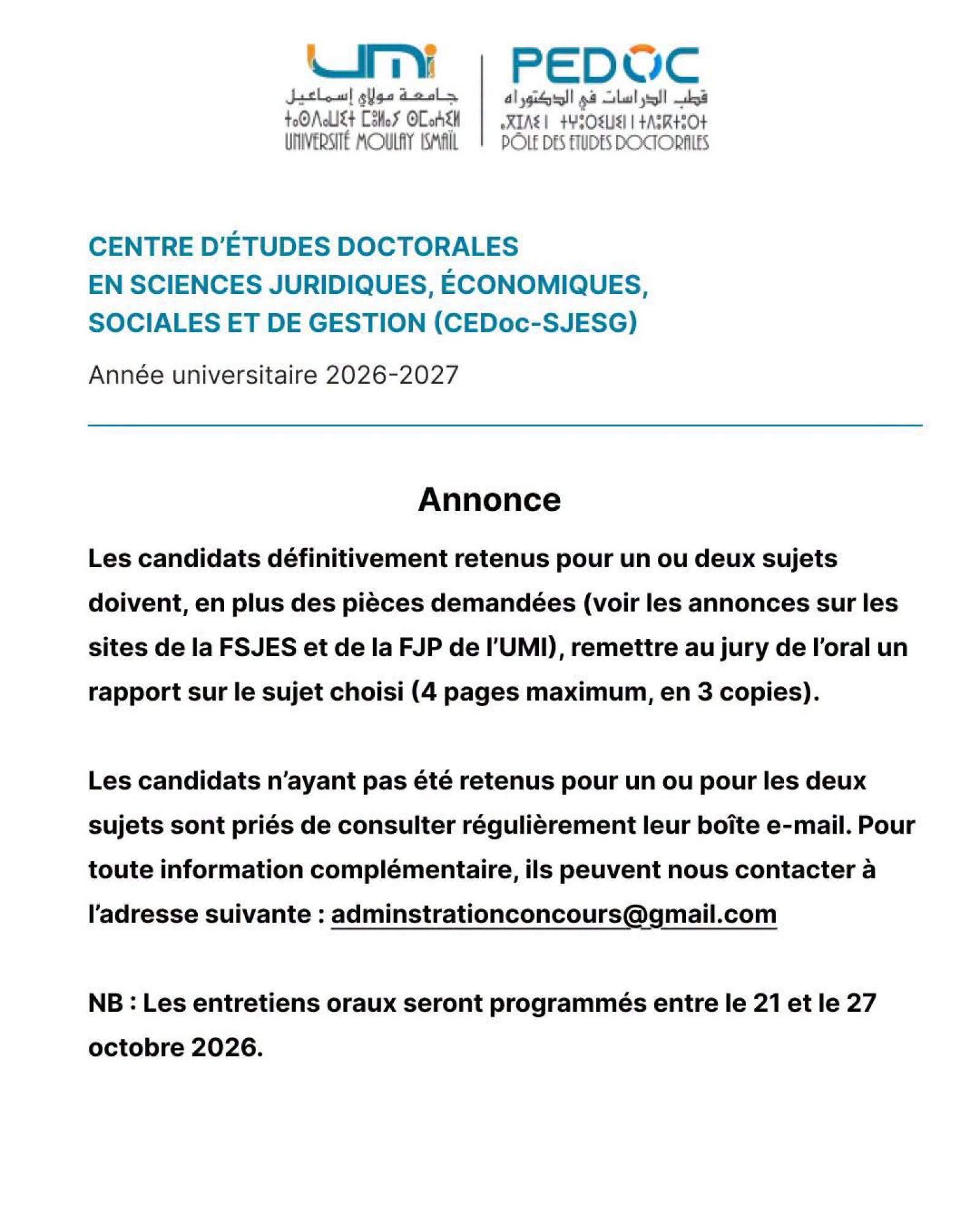 Cycle doctoral : Avis important aux candidats admis à passer les entretiens oraux